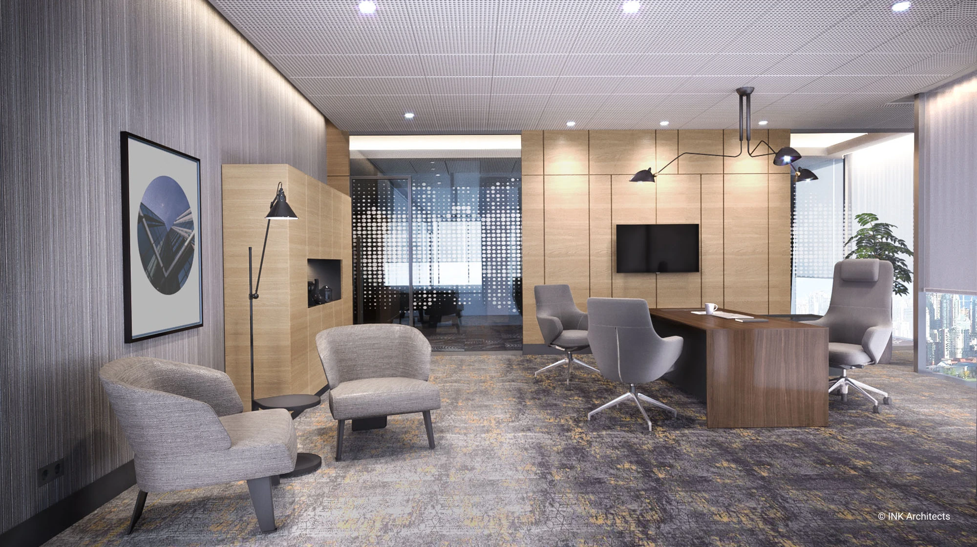 Interior design for the business center in Nur Sultan. Interior design services. Architectural firm INK Architects